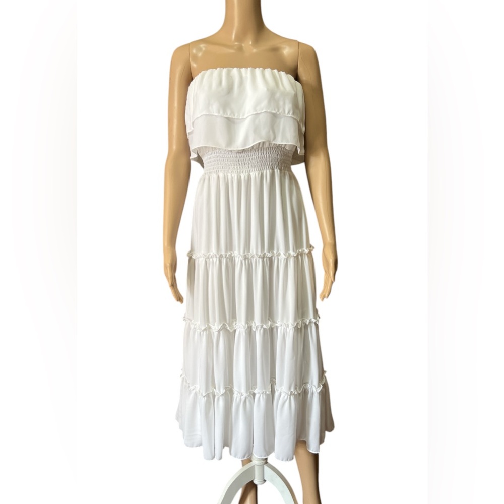 NWT 1. State Size S Strapless Ruffle Tiered Dress Ultra White Pull-On St…